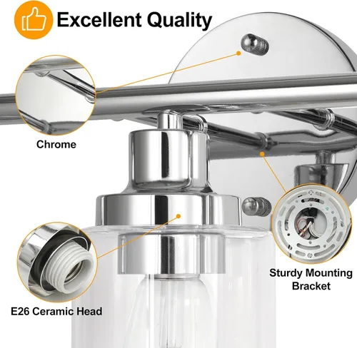 Vista 3 de Accesorios de Iluminación de Baño Watyo, Lámpara de Tocador Cromada, Plata, 3 Luces, Apliques Modernos para Baño con Pantallas de Vidrio