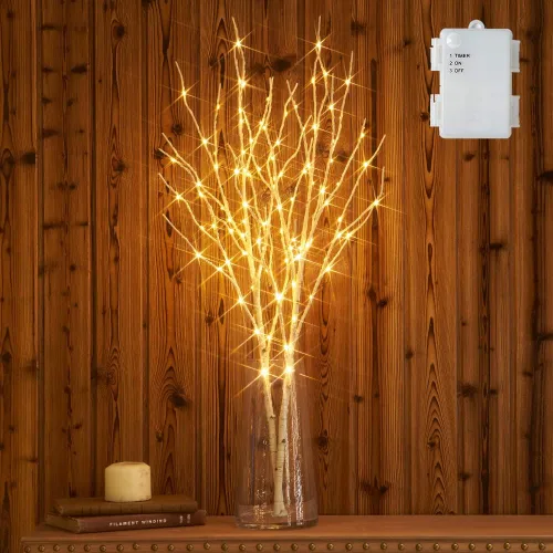 Vista 13 de Hairui Ramas de abedul iluminadas que funcionan con pilas, con 8 funciones, 100 luces multicolor y blancas cálidas, ramas preiluminadas