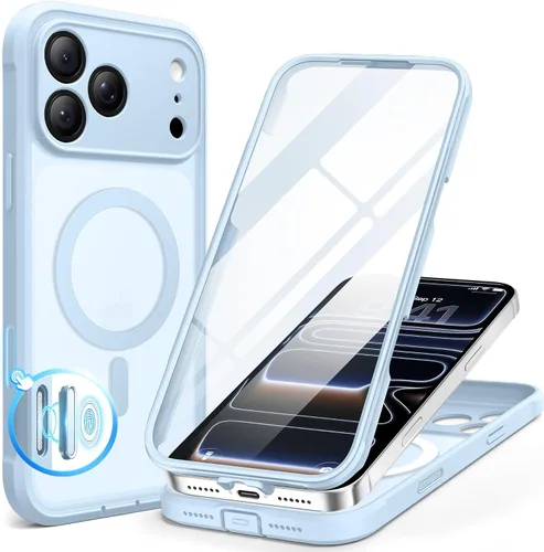 Vista 82 de BERFY Funda para iPhone 17 Pro Max, compatible con MagSafe, protector de pantalla de vidrio integrado, protección de cámara, funda de cuerpo