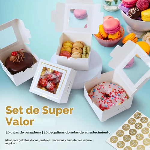 Vista 2 de Cajas de panadería blancas con ventana (30 unidades) de 4 x 4 x 2.5 pulgadas, pequeñas 4 pulgadas para tartas, galletas, macarrones, postres