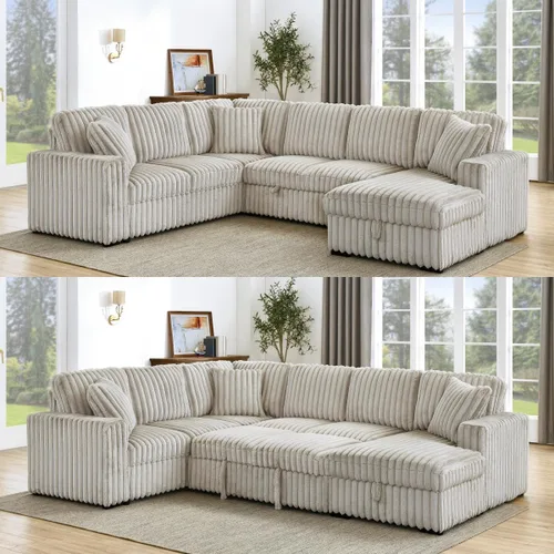 Vista 9 de DEINPPA Sofá cama de 122 pulgadas con cama extraíble, sofá modular de pana peluda gruesa con diván de almacenamiento y puertos de carga, sofás
