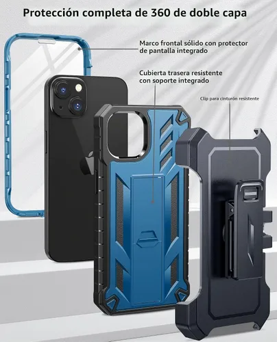 Vista 2 de Funda para Teléfono iPhone 13/14/15: Funda Protectora para iPhone 16e con Clip para Cinturón y Funda Diseño Duradero de Doble Capa con Soporte