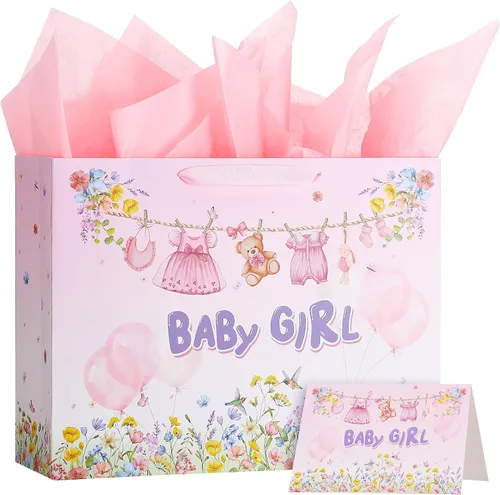 Vista 7 de woric Bolsa de regalo grande de 14.5 pulgadas, bolsas de regalo de cumpleaños azules con papel de seda y tarjeta de felicitación para niños y niñas