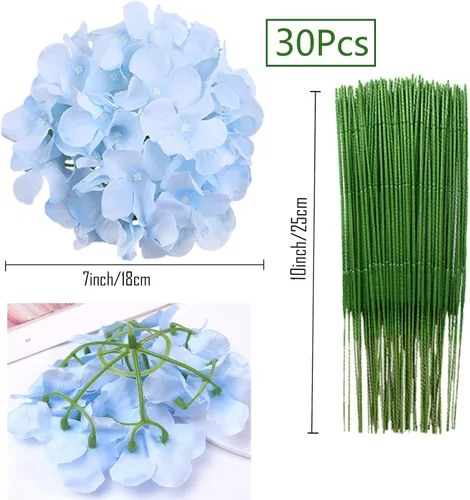 Vista 2 de FagusHome 30 piezas de cabezas de hortensias artificiales de seda, cabezas y tallos de hortensias artificiales para decoración del hogar y boda Azul