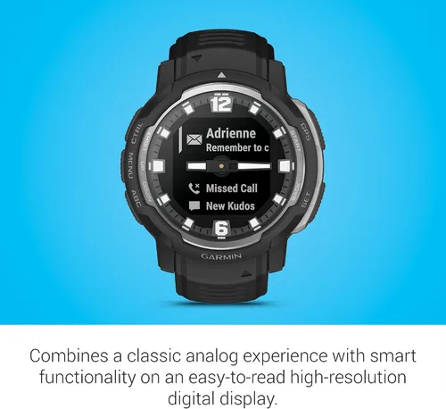 Vista 4 de Garmin Instinct Crossover, reloj inteligente híbrido resistente, manecillas analógicas y pantalla digital, color negro