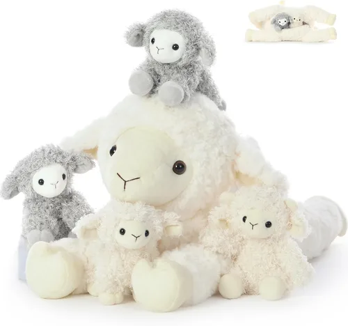 Vista 10 de Tezituor Valais - Juego de 4 animales de peluche de oveja Blacknose de 18 pulgadas, peluche grande de oveja con 3 lindos bebés de cordero, regalo