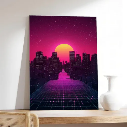 Vista 7 de Cyberpunk Minimal Wall Art – Retro Future Grid Skyline Canvas, Neon Tech Decor for Office Or Bedroom Poster Print for Teen Boys Room Wall Art Canvas