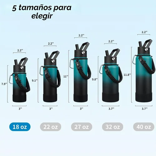 Vista 5 de BJPKPK - Botella de agua con tapa de popote, botellas de agua aisladas de 18 onzas con 3 tapas, asa de cuerda de paracaídas y base antideslizante