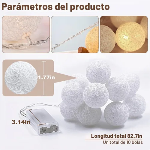 Vista 3 de Anordsem Guirnalda de luces de batería para interior: 6.88 pies/10 linternas LED de bolas de algodón, paquete de 2 – Iluminación acogedora de hadas