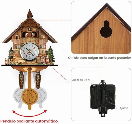 Vista 3 de Reloj de cuco antiguo de madera de cuco Birdhouse reloj de pared decoración del hogar reloj de cuco colgante de campana oscilante automática péndulo
