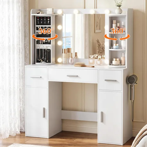 Vista 10 de EasyCom - Mesa de tocador con organizadores de joyería giratorios, tocador de maquillaje con espejo y luces, mesa de vestir con estación de carga