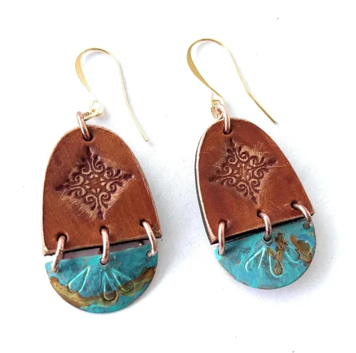 Vista 7 de Boho Leather Stamped Scroll & Turquoise Rust Copper Earrings (Sterling Silver Earwires)