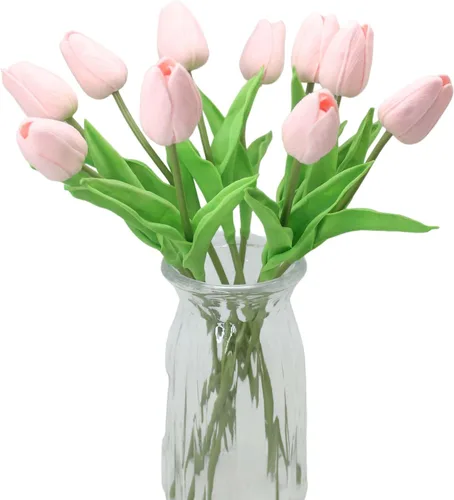 Vista 15 de Flores artificiales, 10 cabezas, mini tulipán artificial de tacto real para decoración del hogar, boda, fiesta, centro de mesa (negro)
