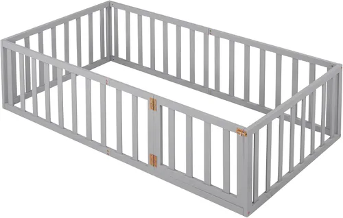Vista 7 de Harper & Bright Designs Cama Montessori doble con valla y puertas, marco de cama de piso para espacios pequeños, sin rejas, gris