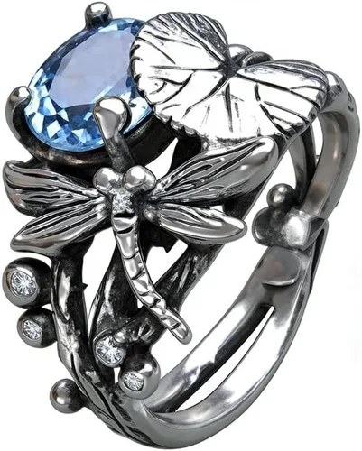 Vista 5 de Anillos vintage de plata tailandesa 925 plata tailandesa topacio azul hoja de loto libélula anillos boda fiesta joyería regalo