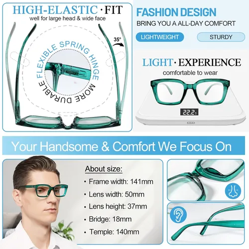 Vista 4 de MARE AZZURO Gafas de lectura cuadradas retro 1.00 para hombres lectores grandes 100 125 150 175 200 225 250 275 300 350 400 500 600 (Verde, 1.0)