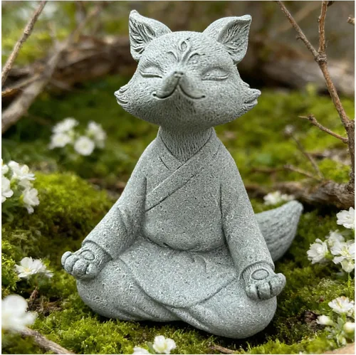 Vista 8 de Estatua de zorro meditante, esculturas de zorro rezando, figura zen para pecera, acuario, decoración de estantes al aire libre (A)