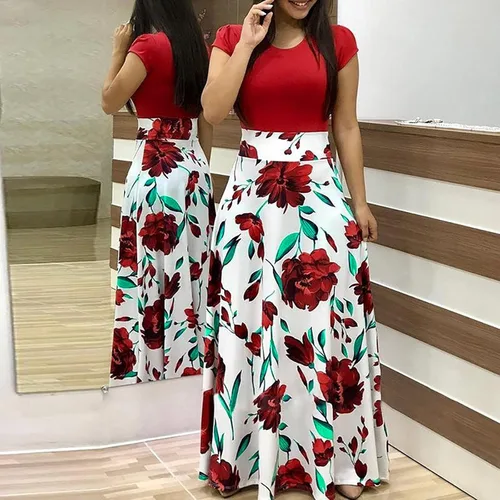Vista 5 de ZEFOTIM Maxi Dress for Women,Summer Fashion Floral Print Bodycon Dress Casual Short Sleeve Crewneck Party Beach Dress