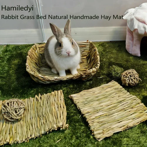 Vista 2 de Hamiledyi Cama de hierba de conejo, alfombrilla de heno natural hecha a mano, bolas masticables para conejo, chinchilla, conejillo de indias, hurón