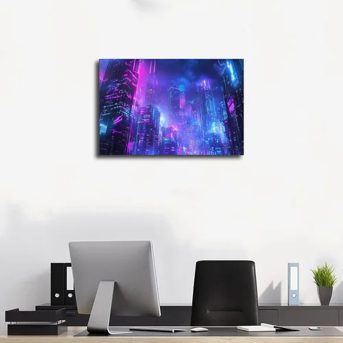 Vista 3 de Neon Cyberpunk Urban Art Print – Futuristic Night City Poster – Edgy Retro Subculture Wall Decor Poster Print for Teen Boys Room Wall Art Canvas