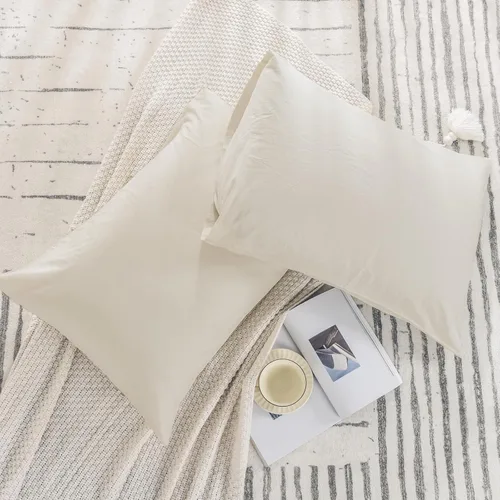 Vista 2 de NEXHOME PRO Juego de 2 fundas de almohada estándar 100% algodón orgánico, cierre de sobre, tacto de lino texturizado natural, suave y duradero