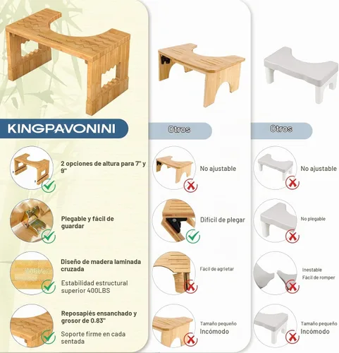 Vista 6 de KingPavonini Bamboo Toilet Stool Squat 7in & 9in Adjustable Height, Bamboo Bambú-nuevo