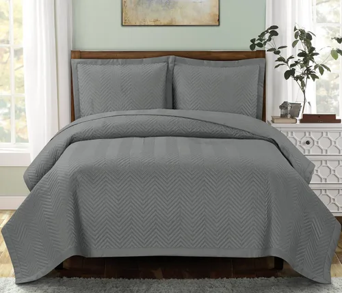 Vista 2 de sheetsnthings Chervon-Grey - Juego de edredón de tamaño matrimonial de 3 piezas, colcha de microfibra de lujo de 92 x 96 pulgadas, 2 fundas