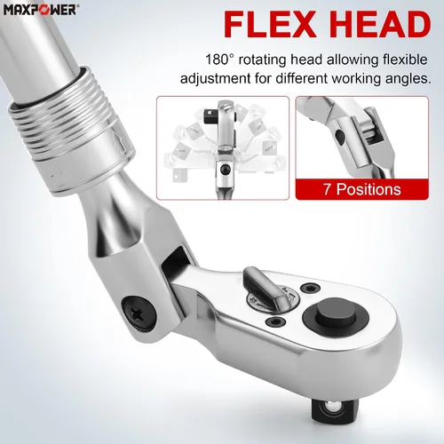 Vista 3 de MAXPOWER Llave de Tubo de cabeza flexible de 1/2 pulgada, función de trinquete reversible de liberación rápida de 72 dientes, mango extensible