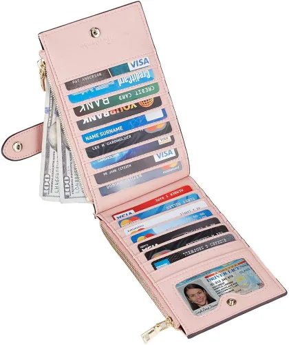 Vista 2 de Travelambo Billetera plegable con bloqueo RFID para mujer, con bolsillo con cremallera
