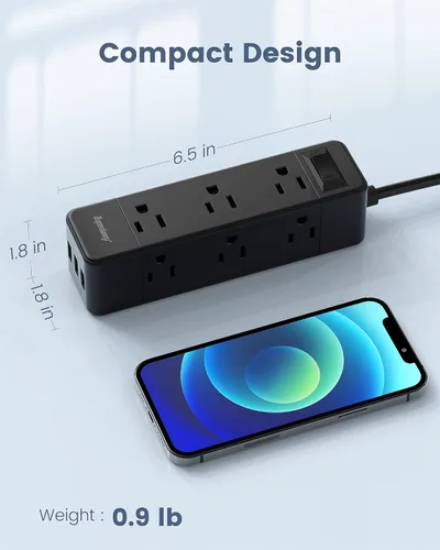Vista 7 de Regleta protectora contra sobretensiones, 9 tomas de corriente ampliamente espaciadas con 3 puertos USB, extensor de 3 salidas laterales con cable