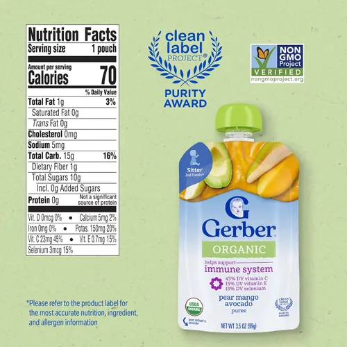 Vista 2 de Gerber Organic Stage 2 - Bolsa de aguacate, mango y pera, 3.5 onzas