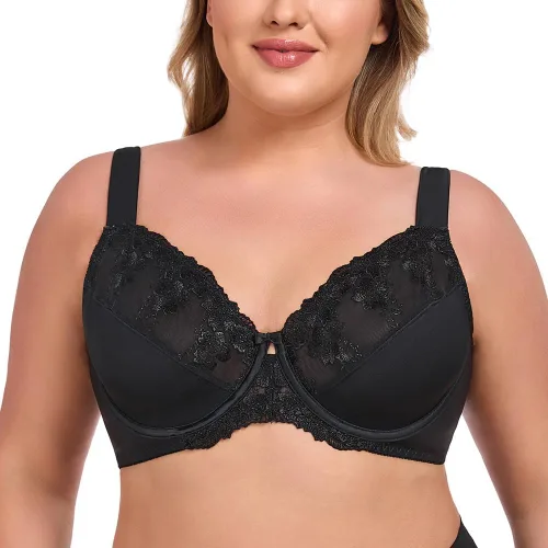 Vista 16 de TELIMUSSTO Brasier con aros de encaje floral de cobertura completa para mujer, talla grande, sin relleno, cómodo Beige