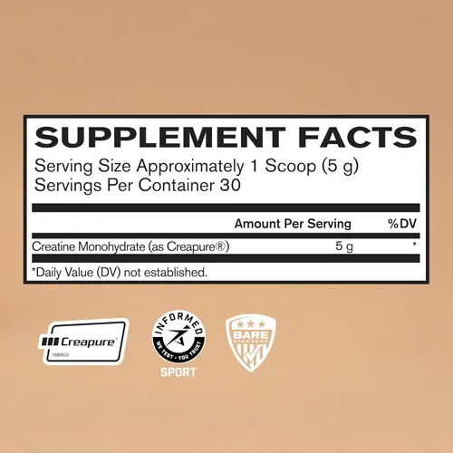Vista 2 de BARE PERFORMANCE NUTRITION, Polvo de monohidrato de creatina pura BPN de Creapure, 5g de creatina por porción, apoya el crecimiento muscular, polvo
