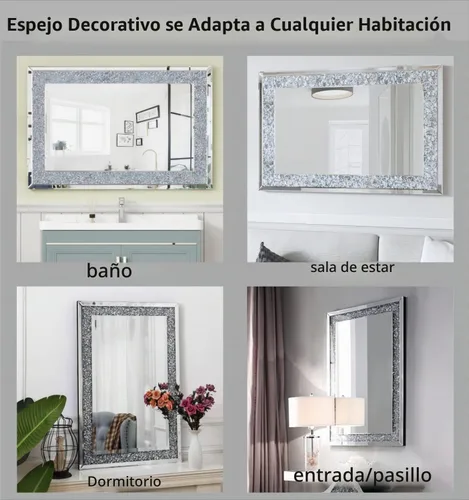 Vista 4 de SHYFOY Espejos de diamante triturado para decoración de pared, espejo decorativo rectangular de 35.4 x 23.6 pulgadas, grandes para sala de estar