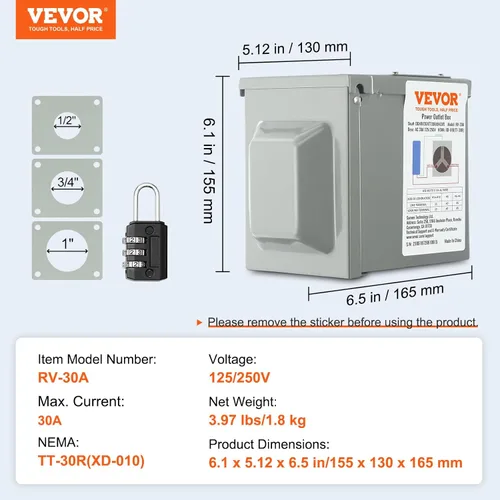 Vista 7 de VEVOR Caja de toma de corriente para RV de 30 amperios, 125/250 voltios, caja de receptáculo para RV exterior cerrada con cerradura, NEMA TT-30R
