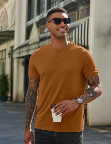 Vista 4 de COOFANDY Camisetas Henley de algodón de manga corta para hombre, estilo casual, con botones, camiseta básica Henley
