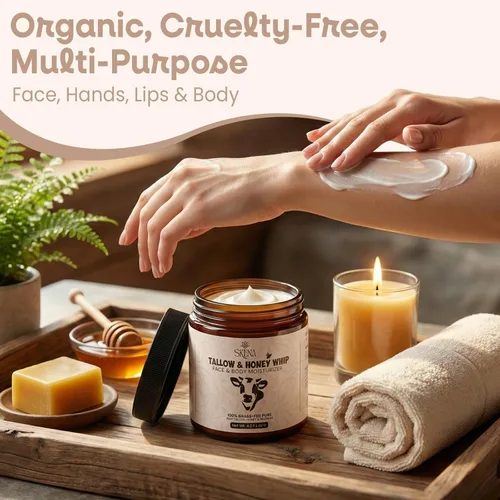 Vista 2 de Hidratante de sarga de carne alimentada con pasto con miel y cera de abejas, crema facial batida para hidratación profunda, bálsamo facial