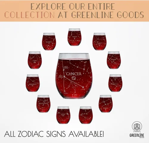 Vista 6 de Greenline Goods Juego de copas de vino sin tallo de cáncer del zodiaco grabado a mano, 15 onzas (juego de 2) - Cristalería con signo de astrología