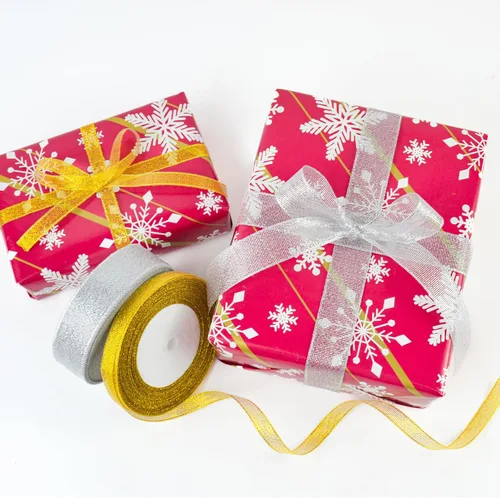 Vista 4 de Cinta de purpurina dorada de 1 pulgada x 25 yardas, cinta de tela metálica brillante para manualidades, envoltura de regalos, bodas, decoración