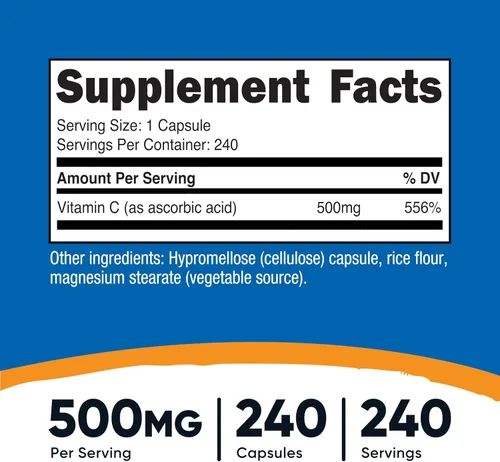 Vista 2 de Nutricost Vitamina C 500 mg, 240 cápsulas, vegetariana, sin gluten y sin OMG
