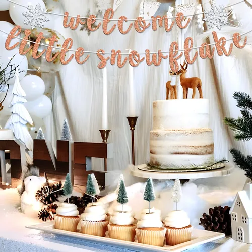 Vista 4 de Cartel de bienvenida con diseño de copo de nieve, Oh Baby/Little Sweet Snowflake Bunting Sign, baby shower de invierno, revelación de género