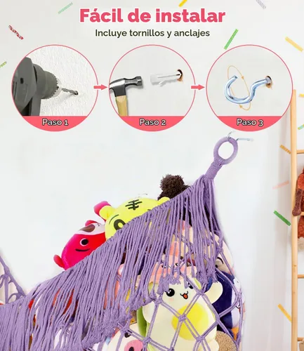 Vista 6 de Hamaca extra grande de red para animales de peluche – [56 pulgadas de largo/macramé tejido a mano/lavanda] Hamaca de almacenamiento para pared