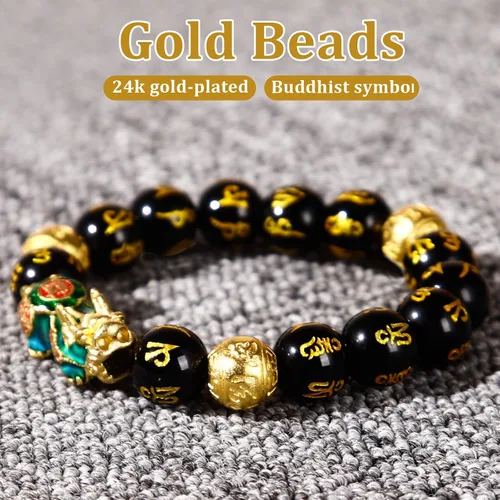 Vista 4 de Feng Shui Bracelet Obsidian Bracelet, 24k Gold Plated PiXiu Dragon Protection for Men Women, 12mm Mantra Prayer Beads Bracelets Meditation