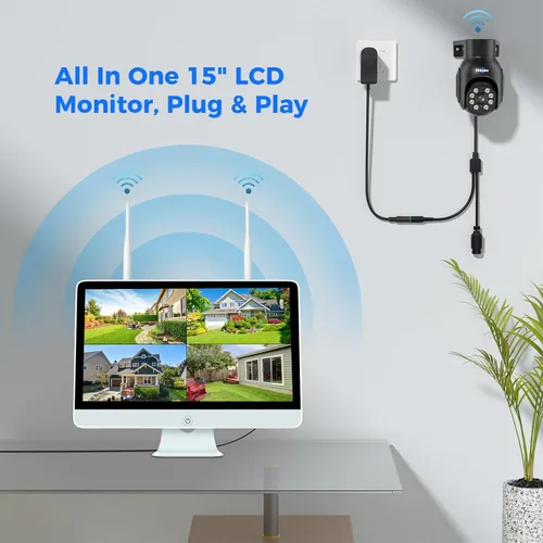 Vista 3 de Hiseeu Sistema de cámara de seguridad inalámbrico, todo en uno con monitor LCD de 15 pulgadas, NVR de 10 canales, 4 unidades de cámara PTZ de 5 MP