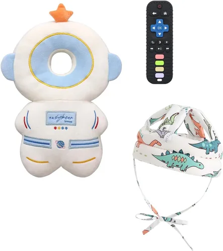 Vista 10 de Protector de Cabeza de Bebé Mochila con Almohada, Casco de Bebé para Gatear, Caminar y Juguetes para Dentición de Bebé Juego de 3 Piezas verde