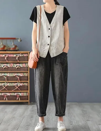 Vista 4 de IDEALSANXUN Chaleco de lino de algodón para mujer, blazer casual sin mangas