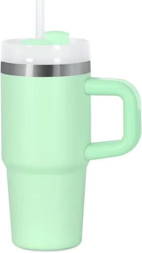 Vista 8 de Muwnrol Vaso de 14 onzas con asa y popote para niños, vaso de acero inoxidable aislado al vacío que mantiene el frío, el calor y el hielo, regalos
