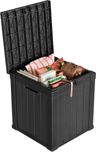 Vista 19 de Caja de resina de 30 galones para terraza, caja de almacenamiento para patio al aire libre con cierre para muebles, herramientas de jardín