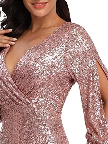 Vista 4 de Vestido de fiesta brillante con lentejuelas, corte sirena con mangas para mujer, para fiestas de graduación