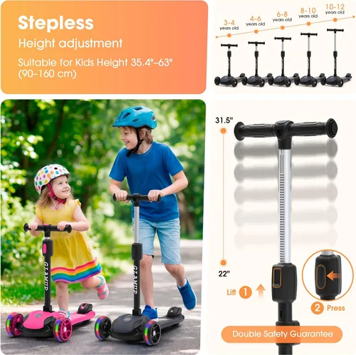 Vista 3 de GLAMUP Patinete para niños de 3 ruedas, manillar ajustable en altura para niños, sistema de inclinación para dirección y mecanismo de fácil plegado